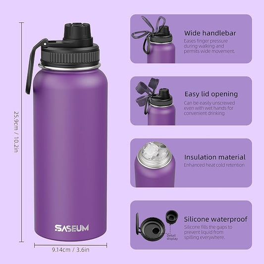 SASEUM Sport Water Bottle 32oz Stainless Steel Double Wall Vacuum Thermal Mug with Leak Proof Spout Lids, Wide Mouth Metal Insulated Water Jug for Gym and Travel(Purple)