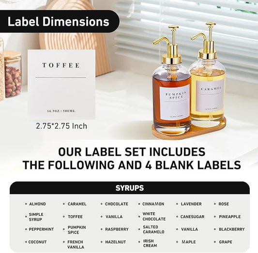 Coffee Syrup Dispenser for Coffee Bar, Coffee Syrup Pump Dispenser, Glass Syrup Bottle with Gold Upgraded Pump, 4 Pack 16.9 oz 500 ml Syrup Dispensers, 28 Labels and 2 Bamboo Tray
