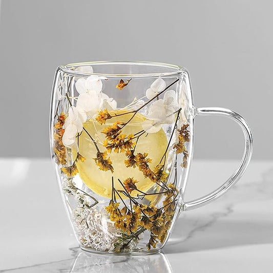 Flower Glass Double Wall Glass - 350ml Aesthetic Dried Flowers Double Wall Glass Coffee Mugs | Clear Glass Cups With Handle,Anti-Scalding Coffee Cups For Hot Beverages,Tea Or Coffee