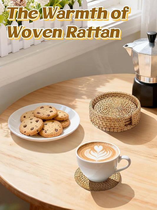 4pcs Natural Handmade Rattan Coasters with Holder - Wicker Drink Coasters Set for Protecting Table, Housewarming Gifts Boho Fall Home Decor