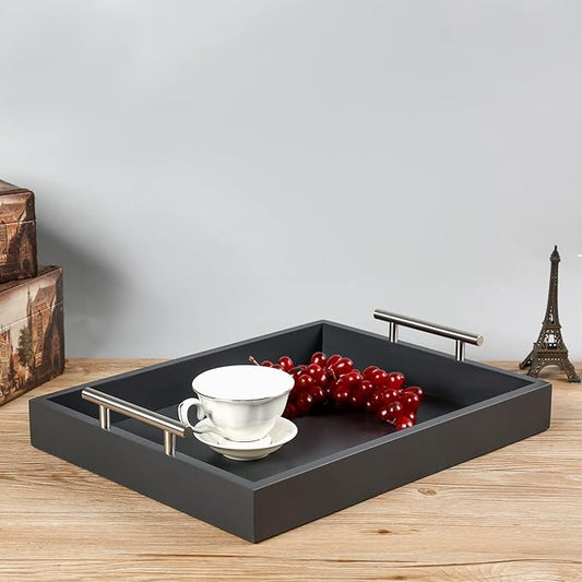 Serving Tray 16.5“X 13“Deluxe Wooden Ottoman Tray for Coffee Table with Polished Silver Metal Handles and 4 Coasters, Living Room Bathroom Coffee Bar Organizer Modern Decorative Black