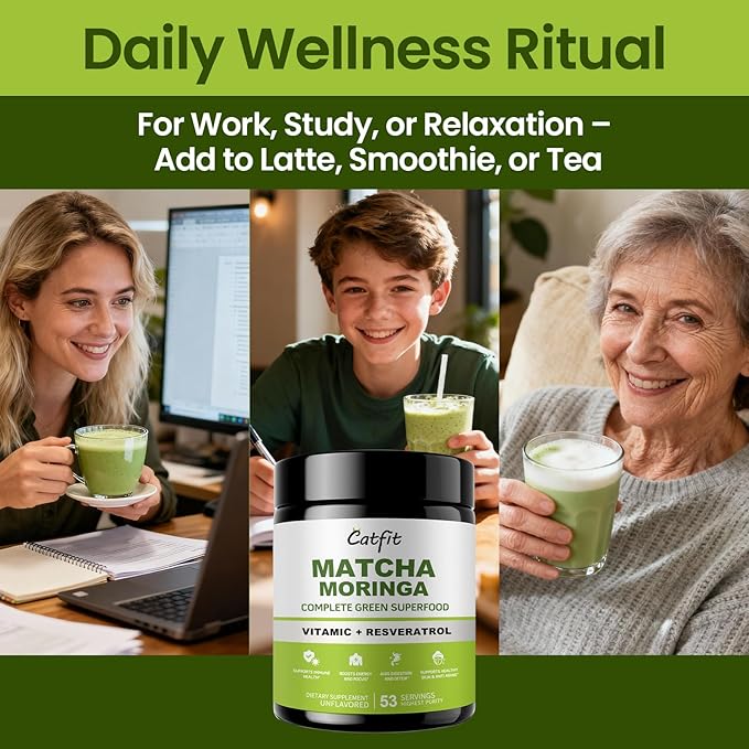 Catfit Matcha Powder with Moringa, Green Tea and Resveratrol, 4-in-1 Superfood for Energy, Immune, Digestion and Antioxidant Support, Vegan, Gluten-Free, 5.64 oz