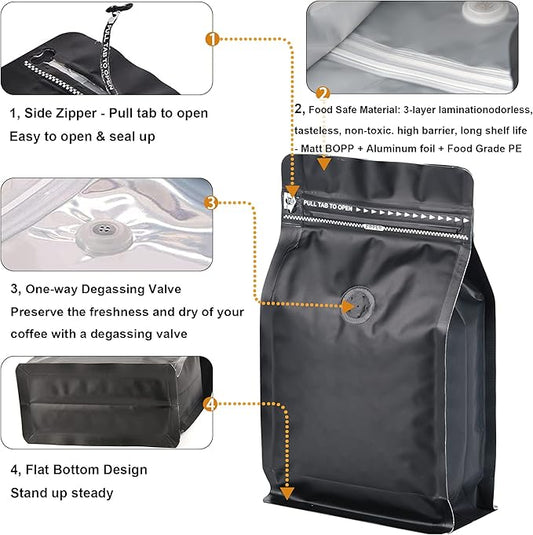 50 Pack Coffee Bags Degassing Valve, Resealable High Barrier Storage Bags with Aluminum Foil, Odor-Proof for Coffee Beans, Stand Up Coffee Pouch, Flat Bottom (Large-16OZ, Black)