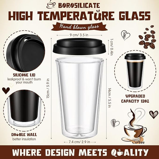 Honeydak 2 Pack 12 oz Double Walled Glass Coffee Mugs with Silicone Lids Clear Insulated Drinking Cups Reusable Glass Iced Coffee Cups for Home Office and Travel