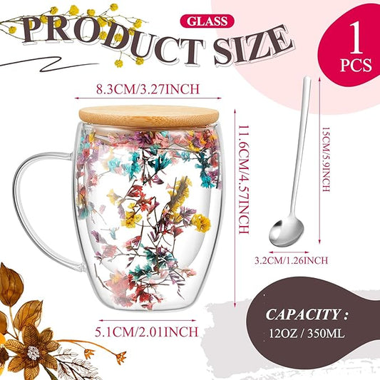Rtteri 11.8 oz Double Wall Glass Coffee Mug with Bamboo Lid and Spoon Clear Flower Insulated Coffee Mugs with Handle Double Glass Cup Tea Cup for Cappuccino Latte Beverage