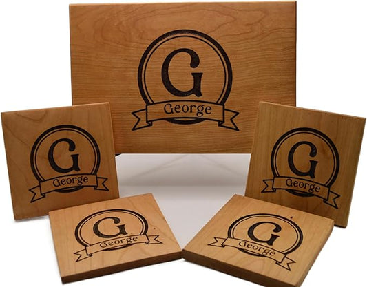 Personalized Wooden Coasters with Monogram, Wedding Date Engraved, Family Name- Choice of Wood (Name Inside Initial Round)