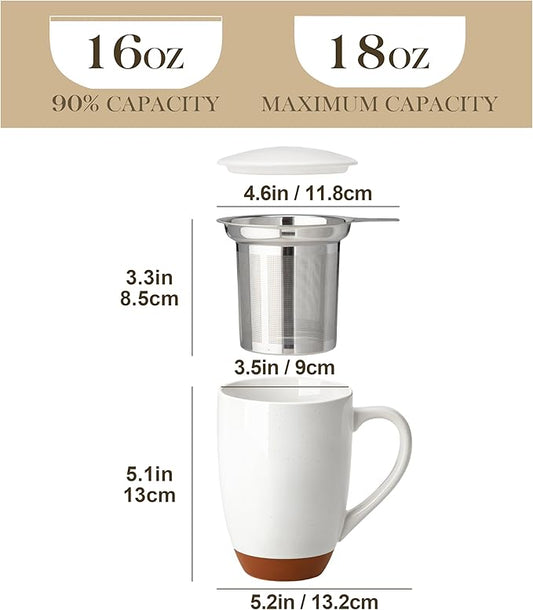 MALACASA Ceramic Tea Mug with Lid and Stainless Steel Infuser, 18 oz Large Tea Cup for Loose Leaf Tea, Heat-Resistant, Microwave & Dishwasher Safe, Speckled Glaze Coffee & Tea Brewer Mug, Khaki White
