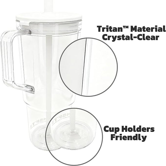 40oz Insulated Clear Tumbler with Handle and Lid & Straw, Reusable Travel Mug for Cold and Hot Drinks, Double-Wall Plastic Water Bottle | Crystal-Clear | Car Cup Holder Fit | Leakproof | BPA-Free
