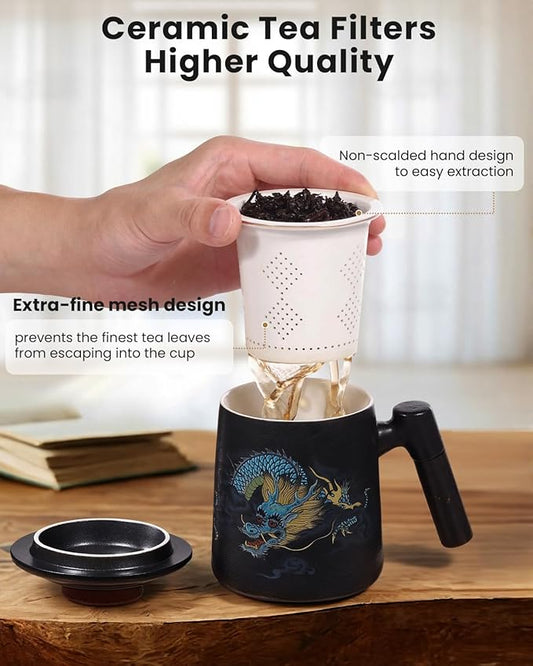 Porcelain Tea Cup with Infuser and Lid,Ceramic Tea Mug for Loose Leaf,Tea Strainer Cup with Wood Handle,Chinese Dragon Black Cup,All Ceramic Infuser,BPA-Free for Tea Lovers/Birthday/Valentine's Day