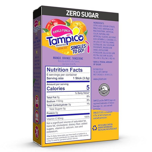 Tampico Singles To Go Drink Mix Packets, Mango Punch, 100% DV of Vitamin C per Serving, Low Calorie, Zero Sugar, Easy to Use, On-The-Go Water Enhancers, 18 Sticks, Pack of 3