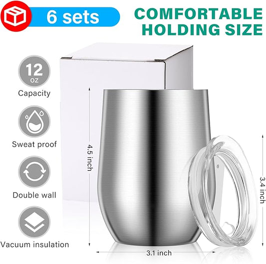 6 Pack Stainless Steel Wine Tumblers 12 oz Insulated Vacuum Wine Cup Set Double Wall Stainless Steel Stemless Mug Glasses for Coffee Soda Whiskey Outdoor Travel (Silver)