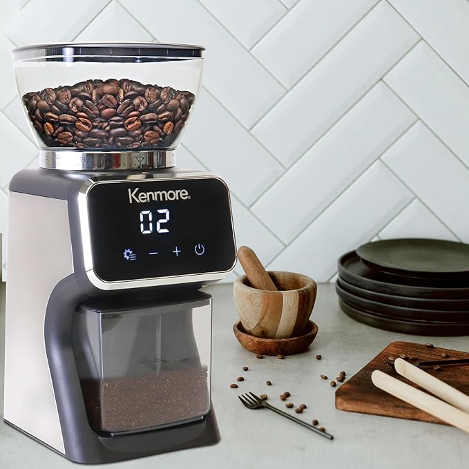 Kenmore Conical Burr Coffee Grinder - Electric Maquina de Moler Café for Espresso, French Press, Drip, Adjustable Grind Size, Bean Mill, Digital Control, Spice Grinding, Home Use