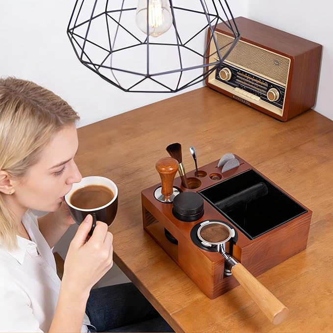 21pcs Espresso Knock Box Set,Espresso Tamping Station,Tamping Station Fit for Storage 51/54/58mm Coffee Accessories,Detachable Coffee Dump Bin,Includes WDT Tool,Brush,Towel,Spoon,Decorative Stencils