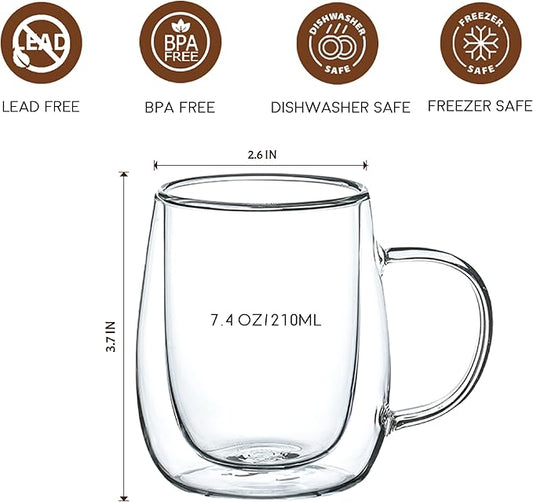 Espresso Cups, 7.4oz/210ml Double Walled Glass Coffee Mugs Set of 4, Clear Hand Blown Insulated Glass Coffee Cups with Handle for Espresso, Cappuccino, Latte, Americano, Coffee Lovers Gift