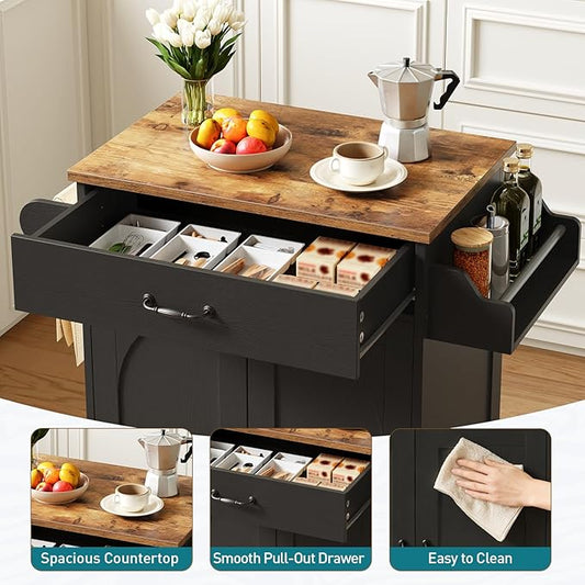 Kitchen Island Cart, Small Kitchen Island with Storage Cabinet and Drawer, Rolling Kitchen Cart on Wheels with Spice Rack and Towel Rack, for Kitchen, Dining Room, Black and Rustic Brown