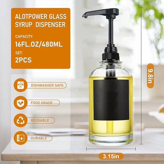 AXIM Coffee Syrup Dispenser,2 Pack 500 ml/16.9 oz Glass Syrup Dispenser with Labels& Funnel,Coffee Bar Organizer,Modern Coffee Station Accessories for Kitchen