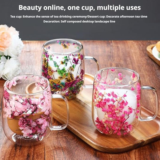 15.2Oz Double Glass Flower Tea Cup,Dried Flowers Insulated Glass Double Wall Coffee Mug With Handle,Transparent Doubles Glases Flower Tea Cup Latte Coffee Cups,Valentines Day Party Gifts