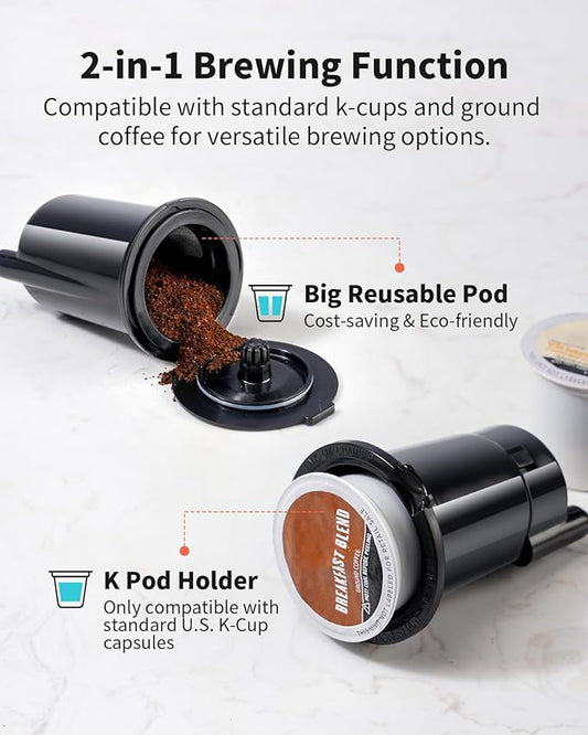 KIDISLE Single Serve Coffee Maker – Hot & Iced, K Cup & Ground Compatible, Reusable Pod Filter, 6–16oz Brew Sizes, 40oz Water Tank, Easy-to-Use, Black