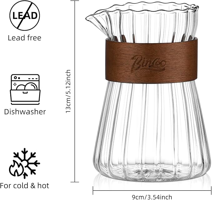 Bincoo Glass Coffee Server with Wood Ring, Dripless Spout, 16 oz