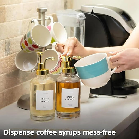 Coffee Syrup Dispenserfor, 2pcs 16.9oz Coffee Bar Accessories with Foldable Funnel, Syrup Dispenser with 36 Labels and Brush, Coffee Syrup Bottles with Gold Upgraded Pump (Gold)