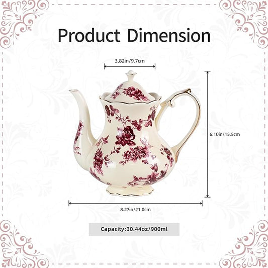 KAMMAK Teapot with Handle, Vintage Porcelain Tea Pot with Gold Trim, Blooming & Loose Leaf Teapot, Festive Holiday Serveware, Gifts for Women, Red Flowers - 30 oz