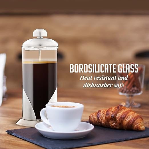 OVENTE French Press Coffee Maker 12 Ounce, 4 Level Stainless Steel Filter System & Heat Resistant Borosilicate Glass, Scoop included, Silver FSL12S