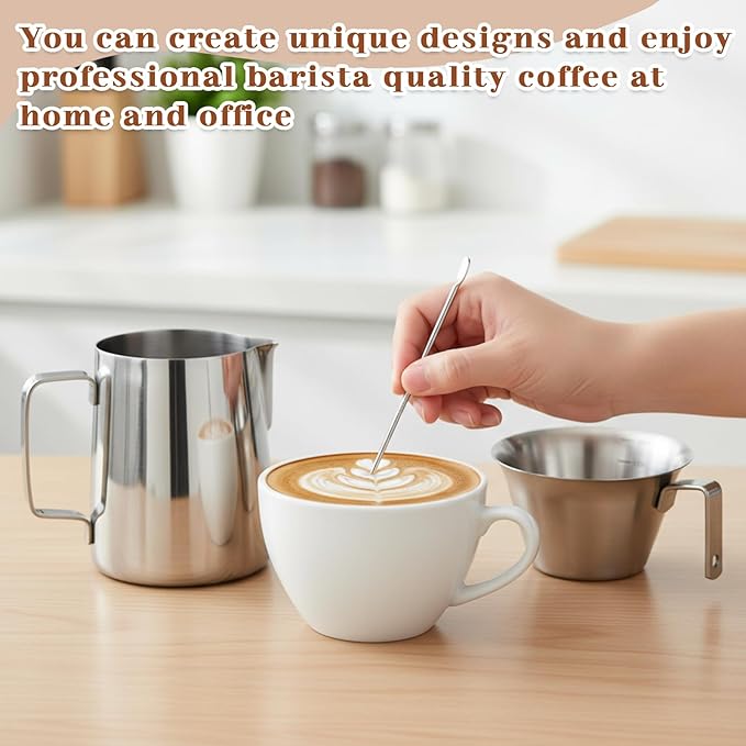 4 Pcs Espresso Accessories Kit with Espresso Cups with Handle, Milk Frothing Pitcher and Latte Art Pen Stainless Steel Cappuccino Machine Accessories for Coffee Bar(Silver,100ml, 350ml)