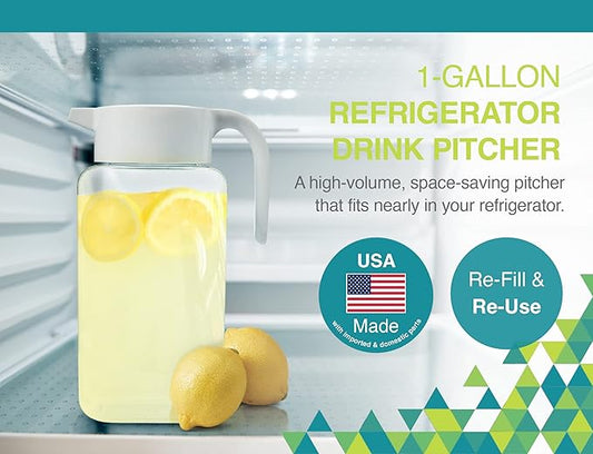 Arrow Home Products 1 Gallon Plastic Pitcher with Lid - Clear Plastic Pitcher for Refrigerator, Fill with Cold Drinks - BPA Free, Space-Saving Rectangular Design - Fill with Lemonade, Milk, Juice