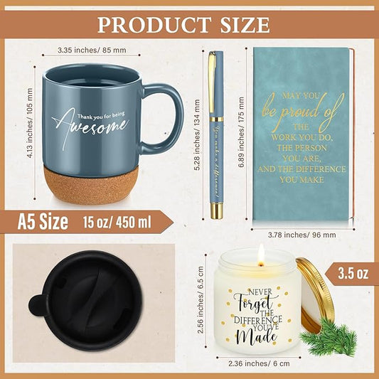 4 Pcs Thank You Gift Set for Men Women Coworker Employee Inspirational Appreciation Gifts Notebook Coffee Mug Scented Candle Pen for Valentine's Day Team Office Staff Teacher Nurse (Blue)