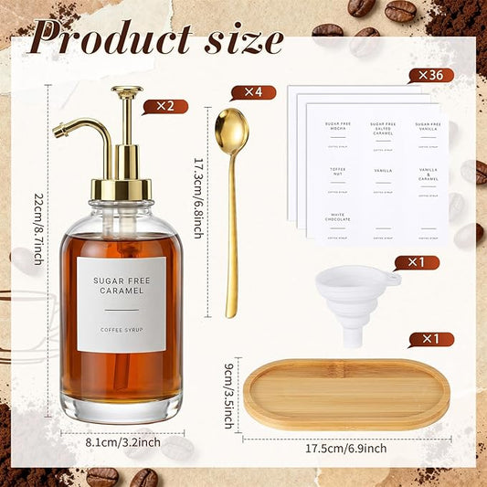 Remerry 2 Pcs Coffee Syrup Dispenser 16.9oz 500ml Glass Syrup Dispenser with 4 Spoons, 36 Labels and Bamboo Tray, Glass Bottles with Pump for Coffee Accessories(Golden)