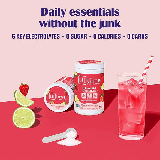 Ultima Replenisher Daily Electrolyte Powder Drink Mix – Sugar Free – Strawberry Margarita, 90 Servings – Hydration Powder with 6 Key Electrolytes and Trace Minerals – Keto Friendly, Non-GMO
