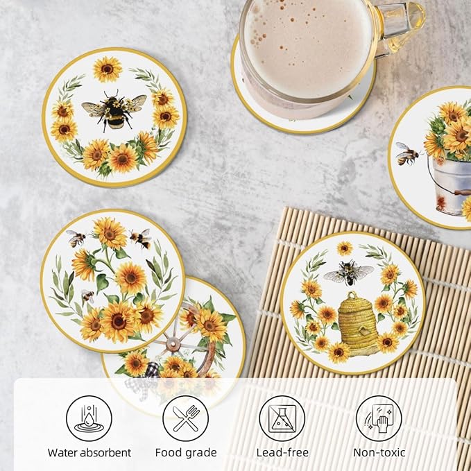 Drink Coasters for Drinks Set of 6, Watercolor Sunflower Cute Bee Absorbent Round Ceramic Stone Mat, with Cork Base and Metal Holder, Home Bar Decor House Warming Gift