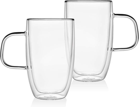 Godinger Double Wall Glass Coffee Cups Insulated Mugs for Drinking Espresso Latte Mocha Tea – 15 oz – Set of Two
