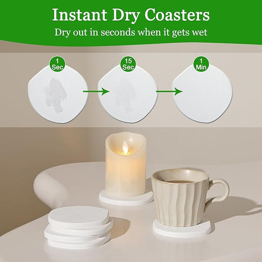 Diatomaceous Earth Coasters Set of 6 for Drinks, Moisture Water Absorbent Stone Coasters for Table Desk at Work, Water Absorbing Instant Drying Diatomite, Modern White