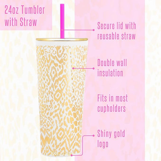 Lilly Pulitzer Double Wall Tumbler with Lid and Reusable Straw, Insulated Travel Cup Holds 24 Ounces, Pattern Play (Gold)