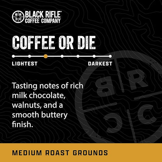 Black Rifle Coffee Company Coffee or Die, 12oz Bag, Ground Medium Roast - Roasted Blend Made from Arabica Beans - Colombian & Brazilian Beans - Veteran Founded & American Made