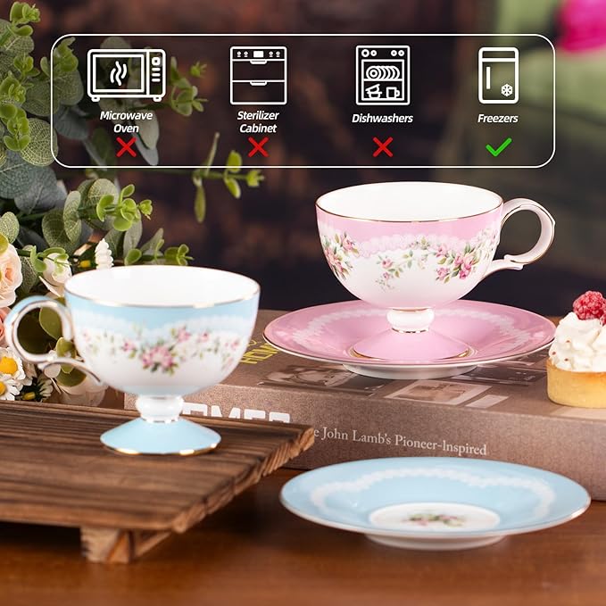 KAMMAK Ceramic Coffee Cups Saucers Set of 2, Porcelain Espresso Cups with Saucers, 6.52 oz Handmade Elegant Bone China Tea Cup, Ceramic Floral Pattern Demitasse for Latte, Americano, Cappuccino