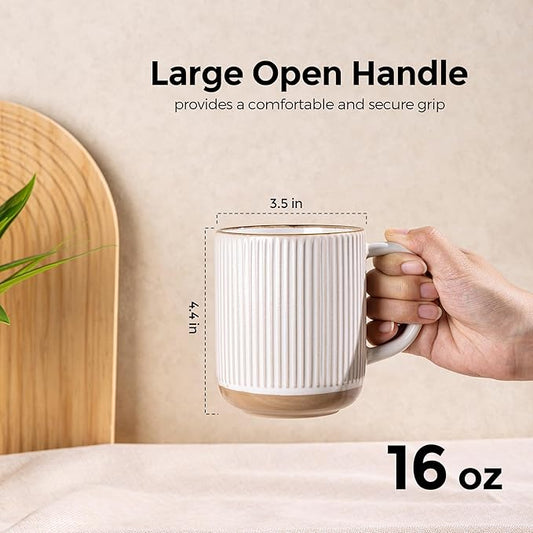 GBhome Large Coffee Mugs Set of 4, 16oz Handmade Stoneware Coffee Mugs Set with Large Handle for Cappuccino/Latte/Tea/Hot Cocoa, Dishwasher & Microwave Safe, Off White
