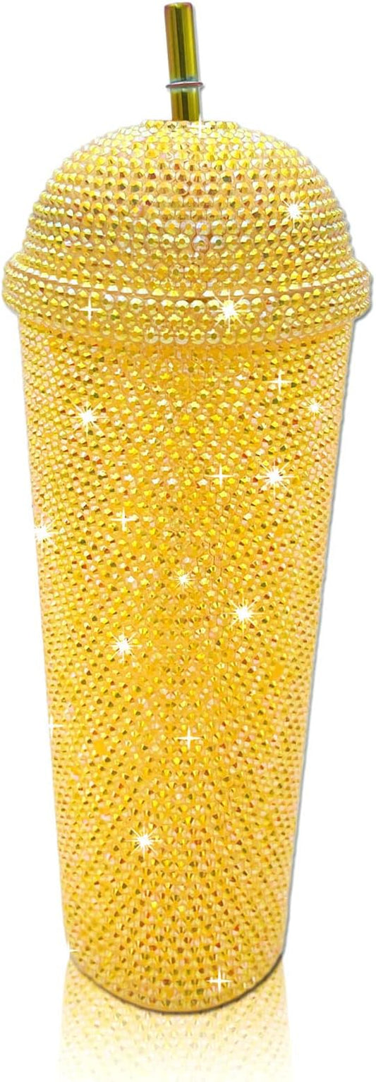 24oz Bling Cup Handmade Rhinestones Studded Tumbler Double Wall Insulated Plastic Reusable Water Bottle with Lid and Straws for Home Office Party Beach(Golden)