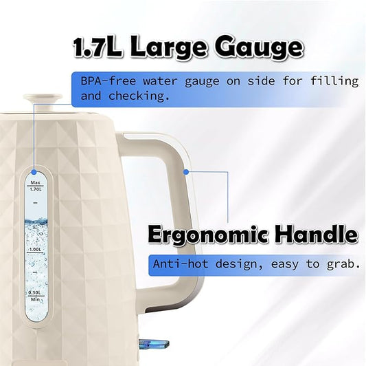 1.7L Electric Kettle, Fast Boiling 1200W Hot Water Boiler, 360° Cordless Design,Electric Tea Kettle for Boiling Water Auto Shut Off Boil Dry Protection,Electric Water Kettle for Coffee Tea,Beige