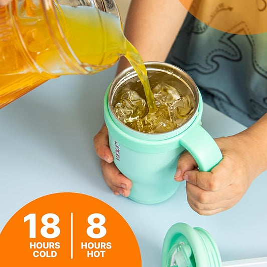 VINUR Kids 14 oz Tumbler with Handle and Straw Lid - Leak Resistant-Reusable Stainless Steel Insulated Tumbler Mug with Rubber Base-Cup Holder Friendly, Teal