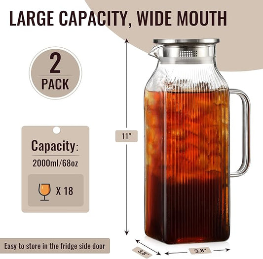 2 Pack 2 Liter/68 oz Square Glass Pitcher with Lid, Classic Stripes Water Pitchers with Handle for Fridge, Large Jug for Iced Tea, Borosilicate Glass Carafe for Hot/Cold Brew Drink, Silver