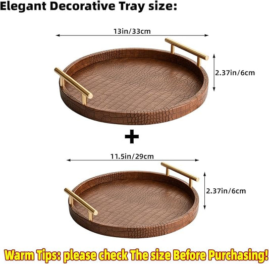 Modern Decorative Serving Tray, Set of 2 Modern Crocodile Leather Round Trays with Polished Metal Handles, Decorative Trays Coffee Table Tray Ottoman Platter for Home Decor (Brown)