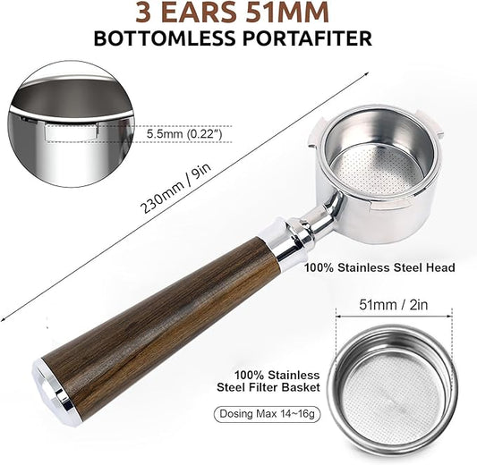 51mm Bottomless Portafilter 3 Ears, Davonpha Professional Espresso Portafilter 51mm compatible with De-longhi EC680, EC685 & EC885 Espresso Machine, Stainless Steel Basket and Black Rosewood Handle