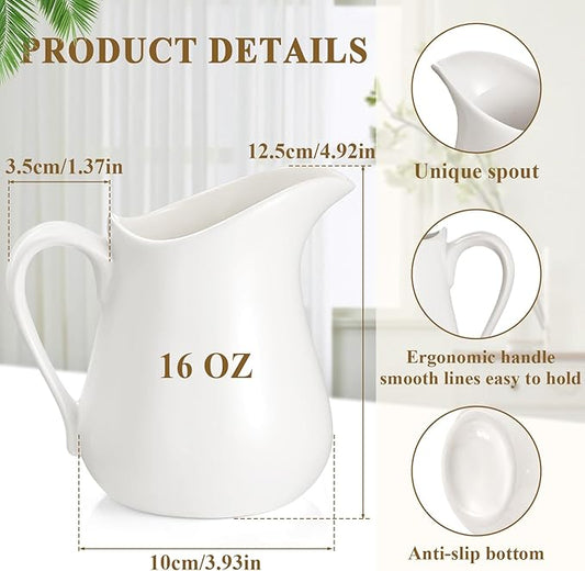 Nuanchu 2 Pcs 16 oz Creamer Milk Pitcher, Classic White Porcelain Creamer with Handle, Ceramic Maple Syrup Dispenser, Coffee Dairy Container for Milk Sauce Salad, Microwave