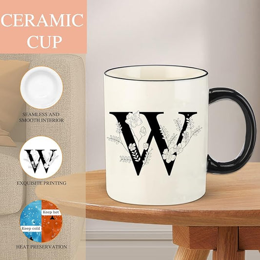 Monogram Ceramic Coffee Mugs, 11 oz Initial Drinking Cup with Gift Box, Unique Birthday Valentines Day Gifts for Women Wife Mothers Day Grandma Mom Aunt, W