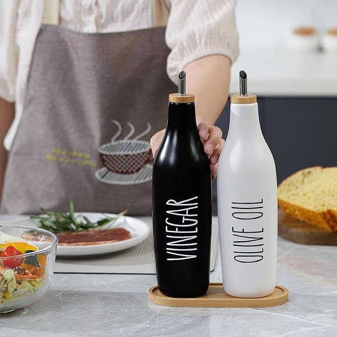 HOMCDALY Ceramic Olive Oil Dispenser for Kitchen, Stoneware 16oz Oil and Vinegar Bottles Dispenser, Kitchen Dispenser Bottle for EVOO Vinegar Syrups, Modern Farmhouse Design(B-V)