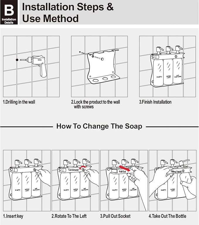 Shampoo, Conditioner, Shower Gel Dispenser 3 Room refillable Shampoo and Conditioner Pump Bottle Wall-Mounted Slot Shower soap Dispenser (KCLS-1), Brushed Stainless Steel