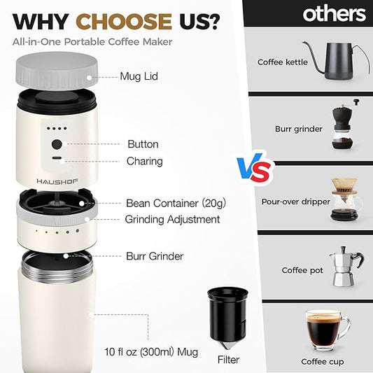 HAUSHOF Portable Coffee Maker, Camping Coffee Makers Travel Mini Coffee Maker, Portable Travel Coffee Maker with Grinder, Personal Cordless Travel Coffee Maker for Car, Camping, and Home