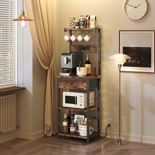 Bakers Rack with Drawer, Microwave Stand with Power Outlet, Coffee Bar Station with 4 Hooks, Kitchen Storage Shelf Rack 4 Tiers, for Kitchen, Dining Room, Rustic Brown and Black BRHR48E01
